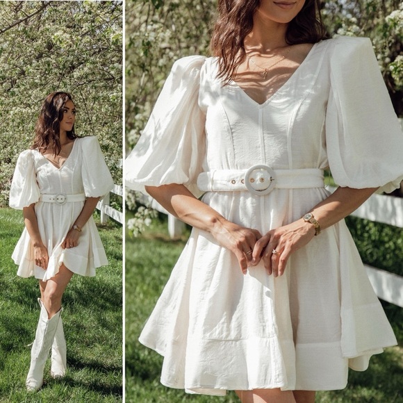Sofie the Label NWT Puff Sleeve Mini Dress Large ivory cream belted romantic - Picture 1 of 14